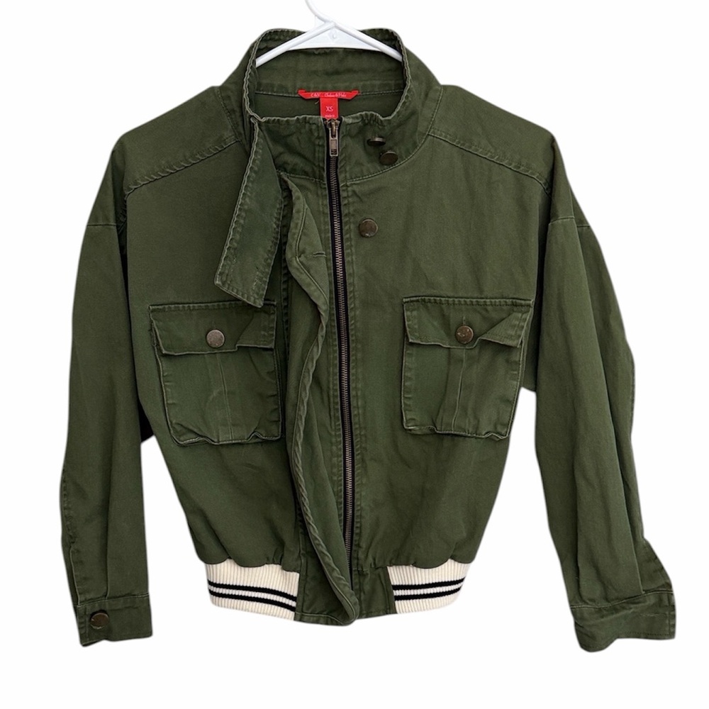 Chelsea & Violet Olive Green Utility Bomber Jacket with Striped Hem. Size XS